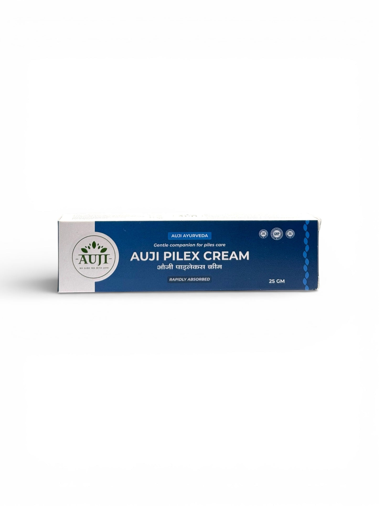 AUJI Pilex Cream 25gm packaging box – Premium Ayurvedic herbal cream for soothing itching, burning and piles discomfort.