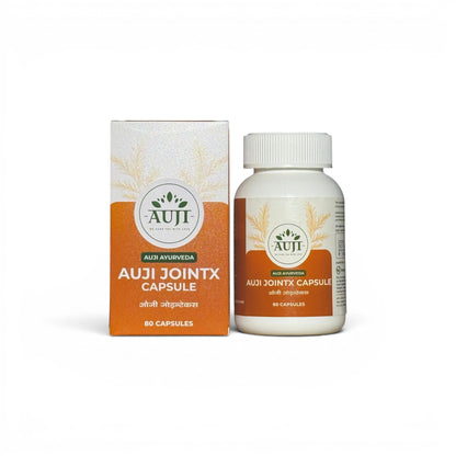 AUJI JointX Capsule bottle with packaging box – 80 Ayurvedic capsules formulated with Boswellia, Guggul and Ashwagandha to support joint health, flexibility and mobility.
