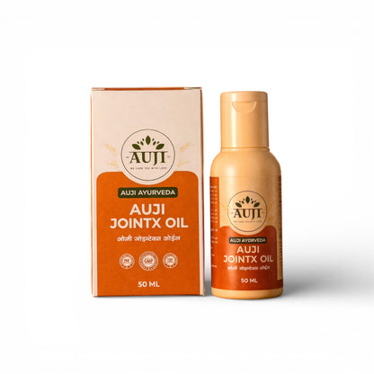 AUJI JointX Oil 50ml bottle with packaging box – Ayurvedic warming massage oil designed to support everyday joint and muscle comfort.