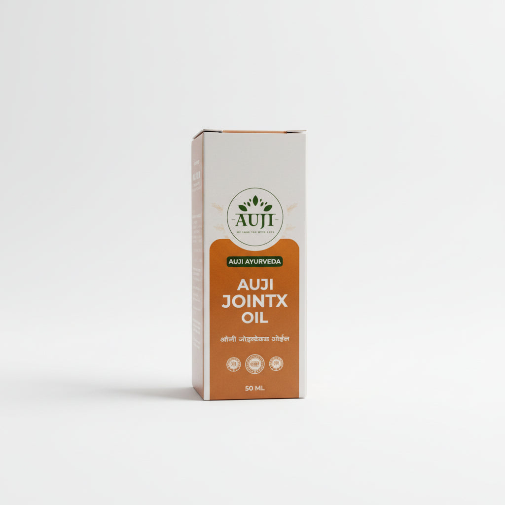 AUJI JointX Oil 50ml packaging box – Premium Ayurvedic massage oil formulated to support joint and muscle comfort with warming herbal oils.