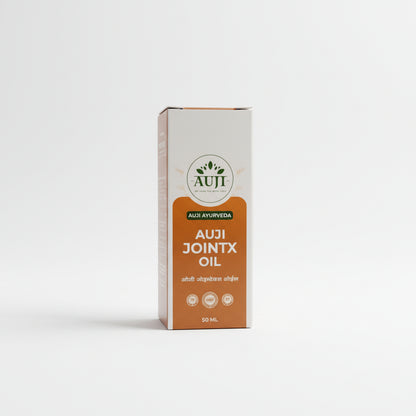 AUJI JointX Oil 50ml packaging box – Premium Ayurvedic massage oil formulated to support joint and muscle comfort with warming herbal oils.