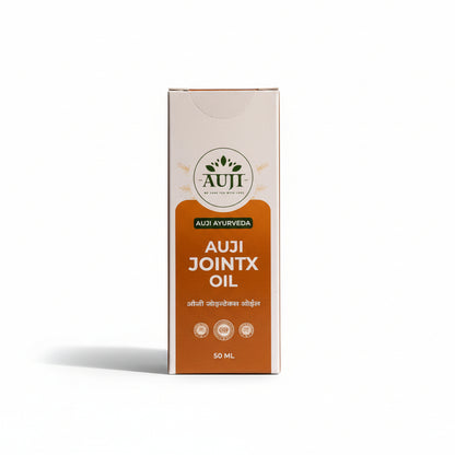 AUJI JointX Oil 50ml packaging box – Premium Ayurvedic massage oil formulated to support joint and muscle comfort with warming herbal oils.