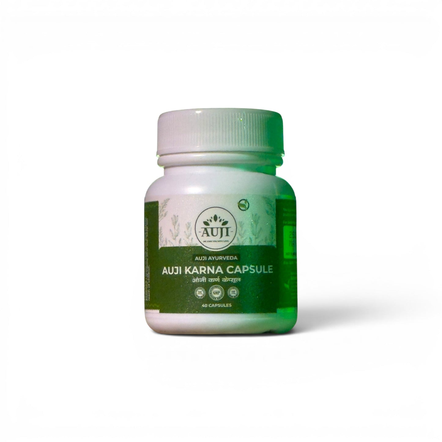 AUJI Karna Capsule bottle containing 40 Ayurvedic capsules formulated to support ear comfort and overall ear wellness.