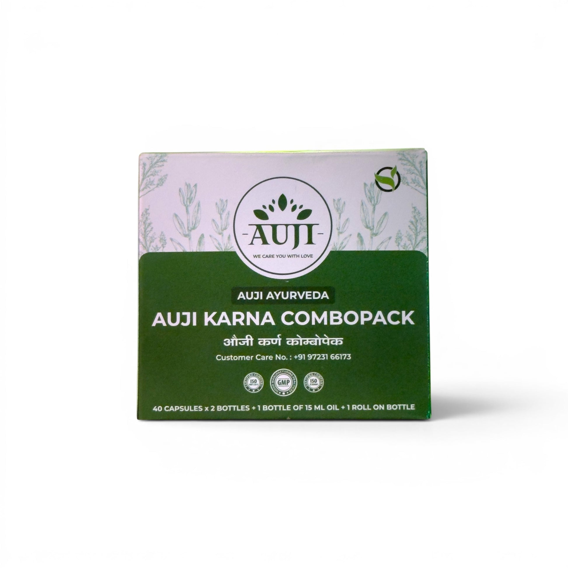 AUJI Karna Combopack packaging box containing two capsule bottles, ear oil for Ayurvedic ear wellness support.