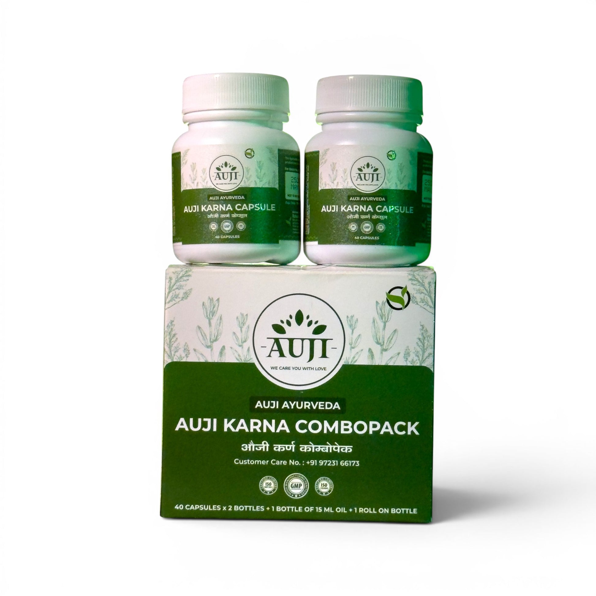 AUJI Karna Combopack with two capsule bottles displayed on the packaging box, featuring an Ayurvedic ear wellness combination pack.