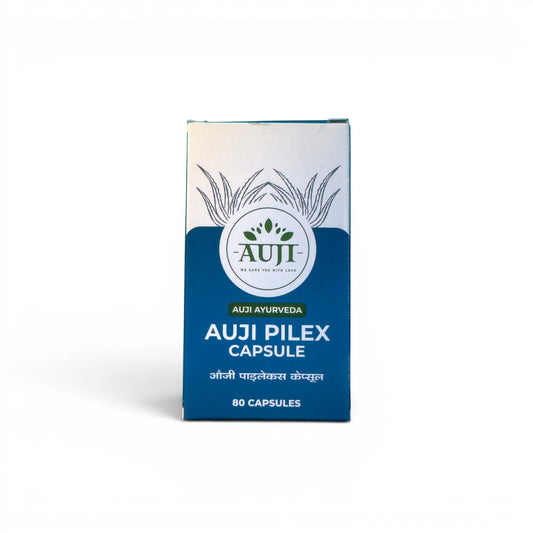 AUJI Pilex Capsule bottle containing 80 capsules – Ayurvedic herbal supplement for digestive wellness and piles care.