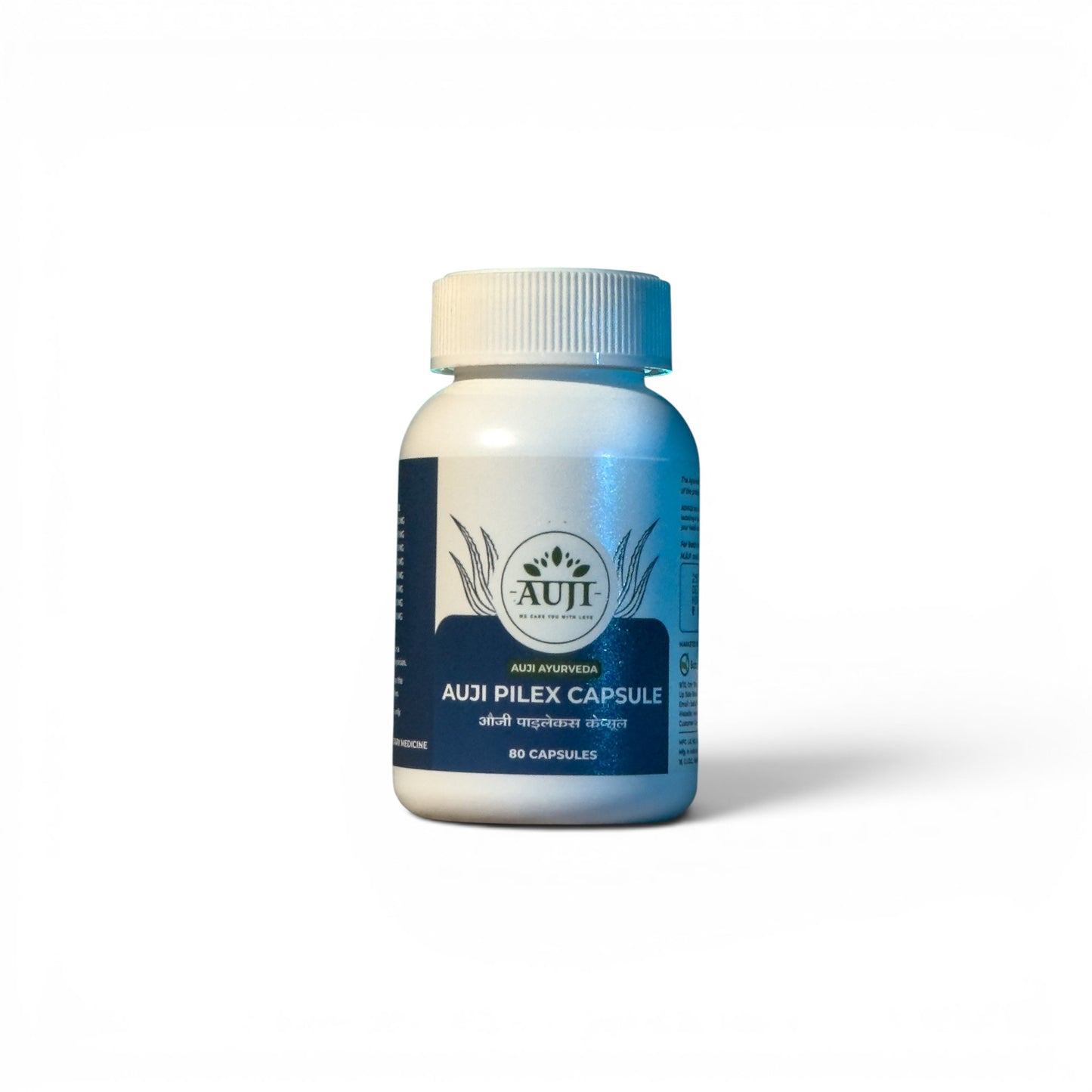 AUJI Pilex Capsule bottle with packaging box – 80 capsules of Ayurvedic herbal support for digestive comfort and piles wellness.