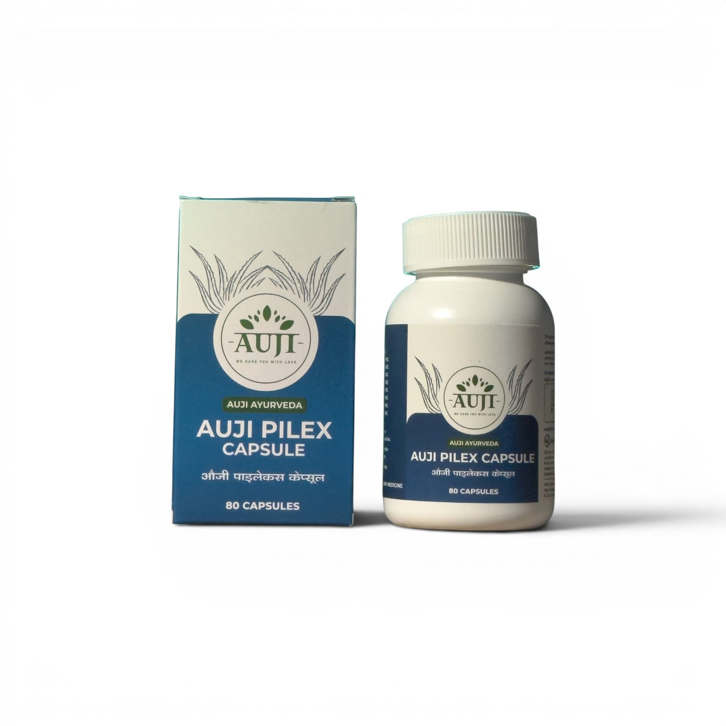 AUJI Pilex Capsule packaging box – Premium Ayurvedic herbal capsules with 80 capsules for digestive wellness and piles care.