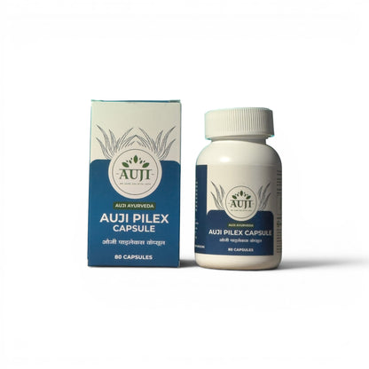 AUJI Pilex Capsule packaging box – Premium Ayurvedic herbal capsules with 80 capsules for digestive wellness and piles care.