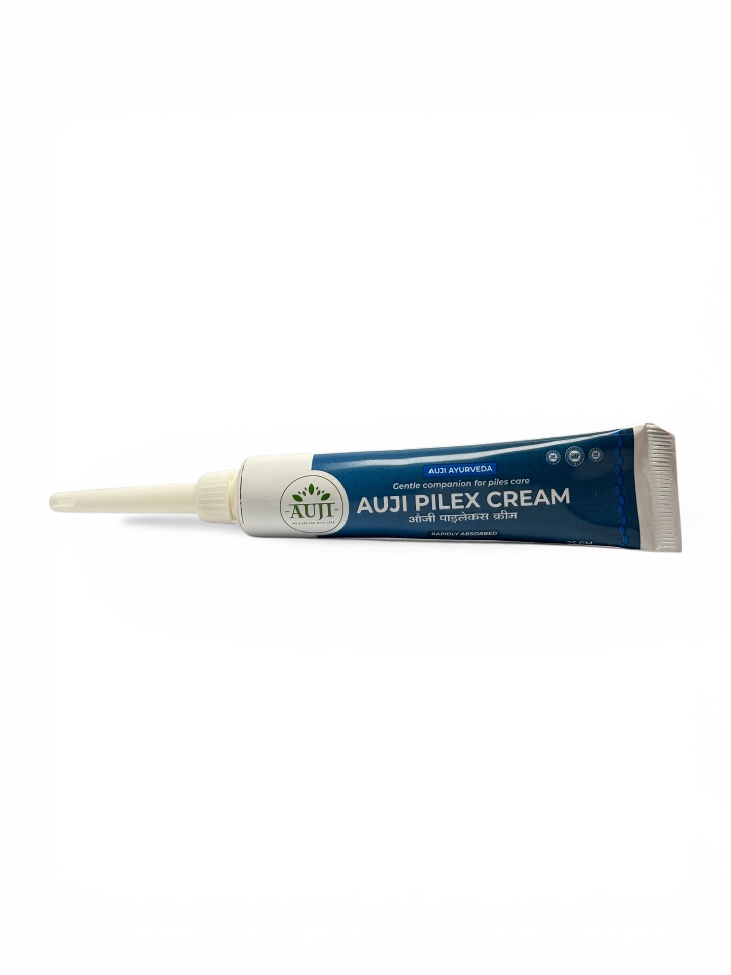 AUJI Pilex Cream 25gm with precision applicator nozzle for targeted, hygienic and mess-free Ayurvedic piles care.