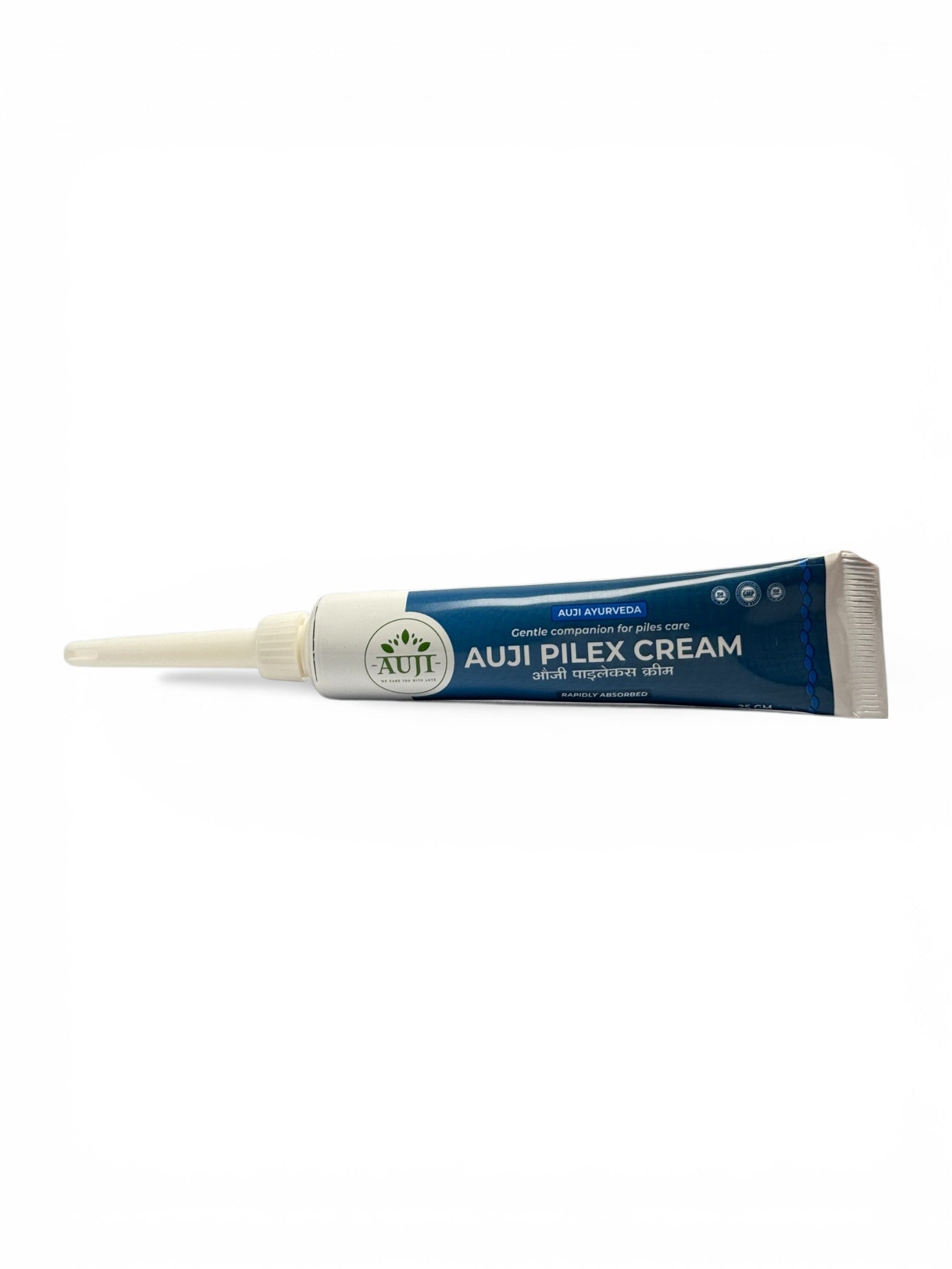 AUJI Pilex Cream 25gm with precision applicator nozzle for targeted, hygienic and mess-free Ayurvedic piles care.