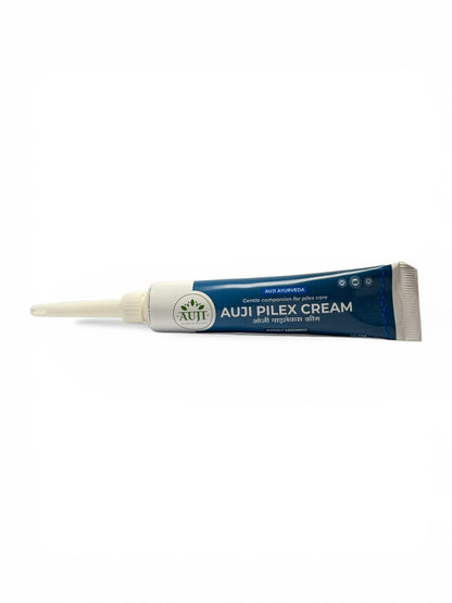 AUJI Pilex Cream 25gm with precision applicator nozzle for targeted, hygienic and mess-free Ayurvedic piles care.