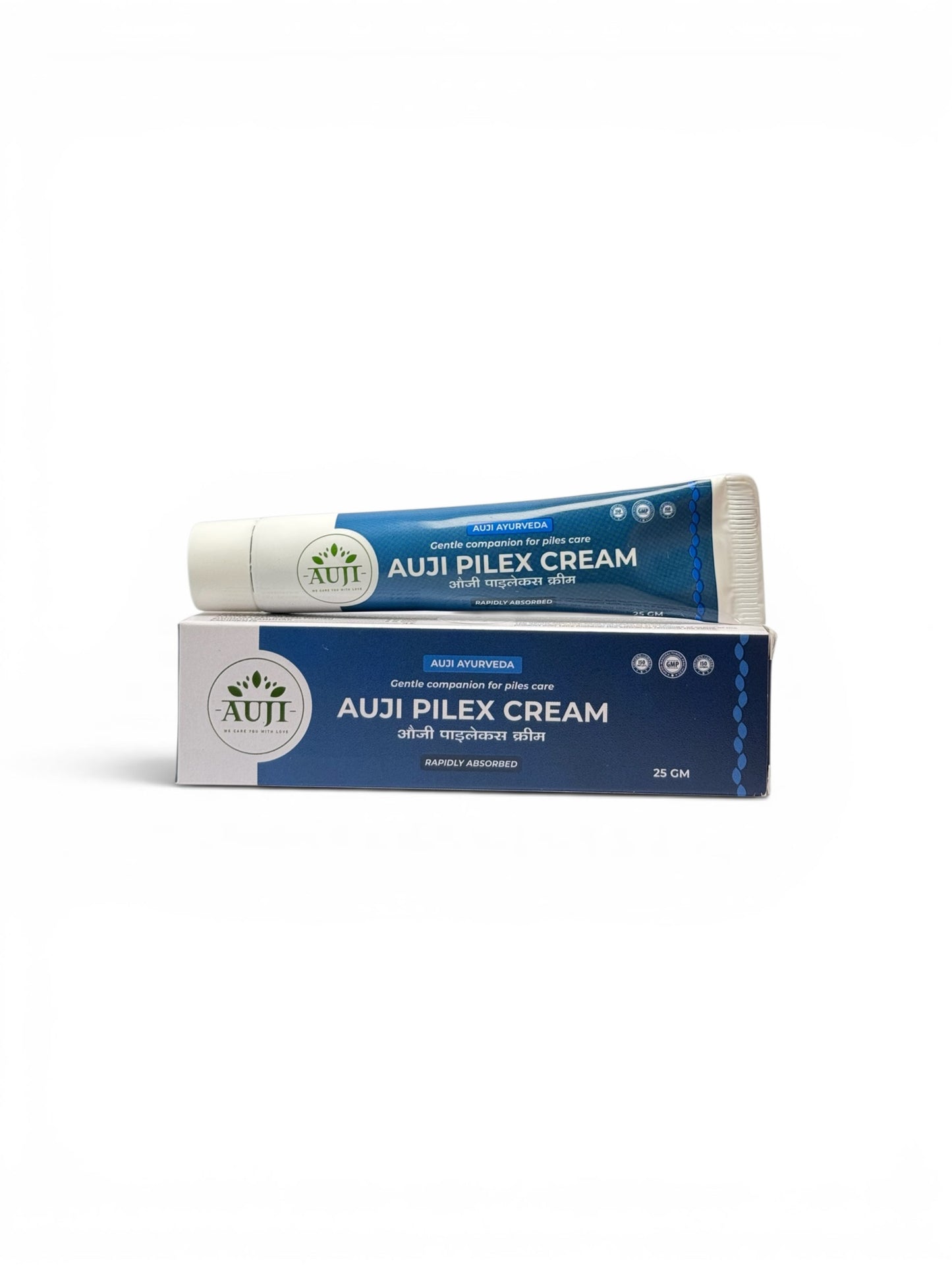 AUJI Pilex Cream 25gm tube with packaging box – Ayurvedic cream for piles care with soothing herbal ingredients and precision applicator.
