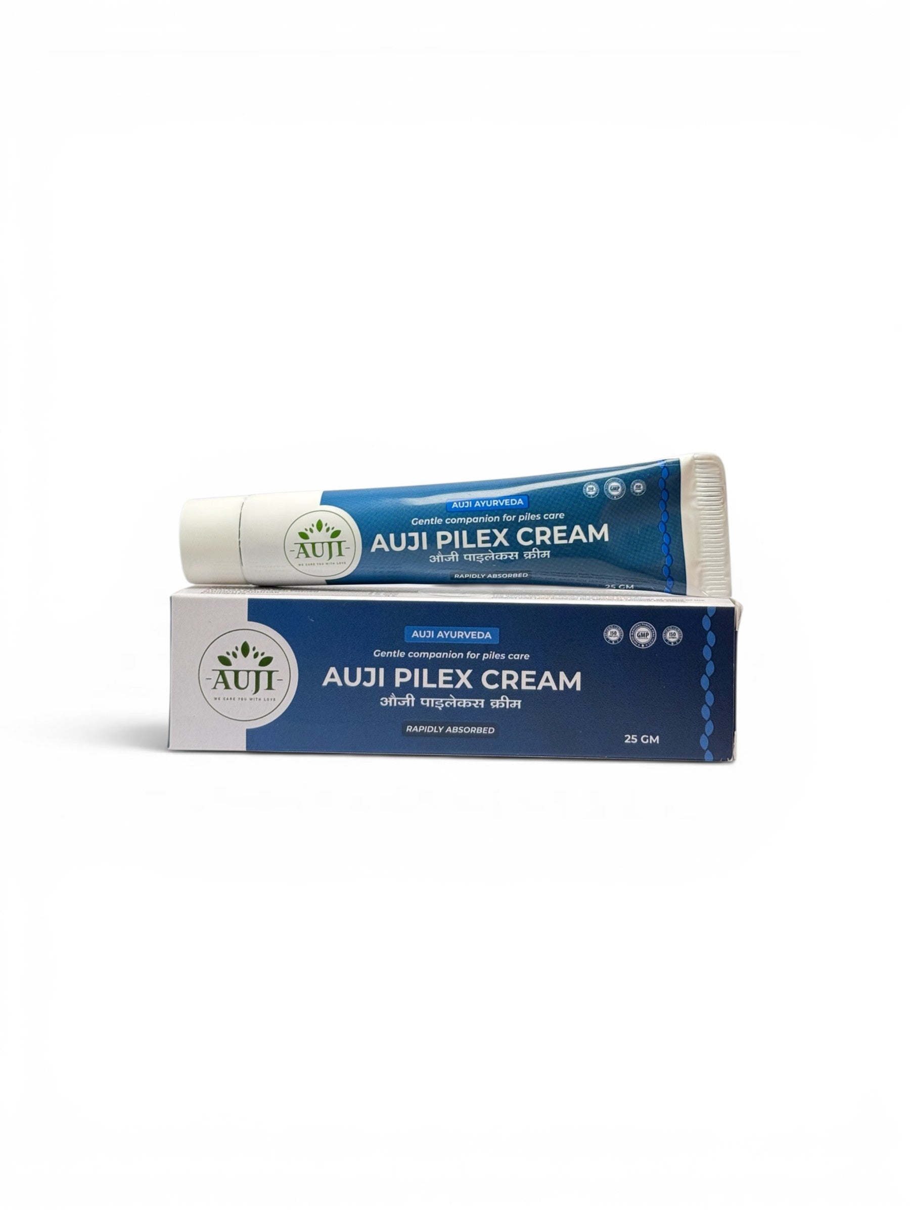 AUJI Pilex Cream 25gm tube with packaging box – Ayurvedic cream for piles care with soothing herbal ingredients and precision applicator.