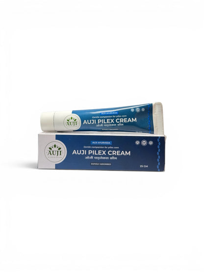 AUJI Pilex Cream 25gm tube with packaging box – Ayurvedic cream for piles care with soothing herbal ingredients and precision applicator.