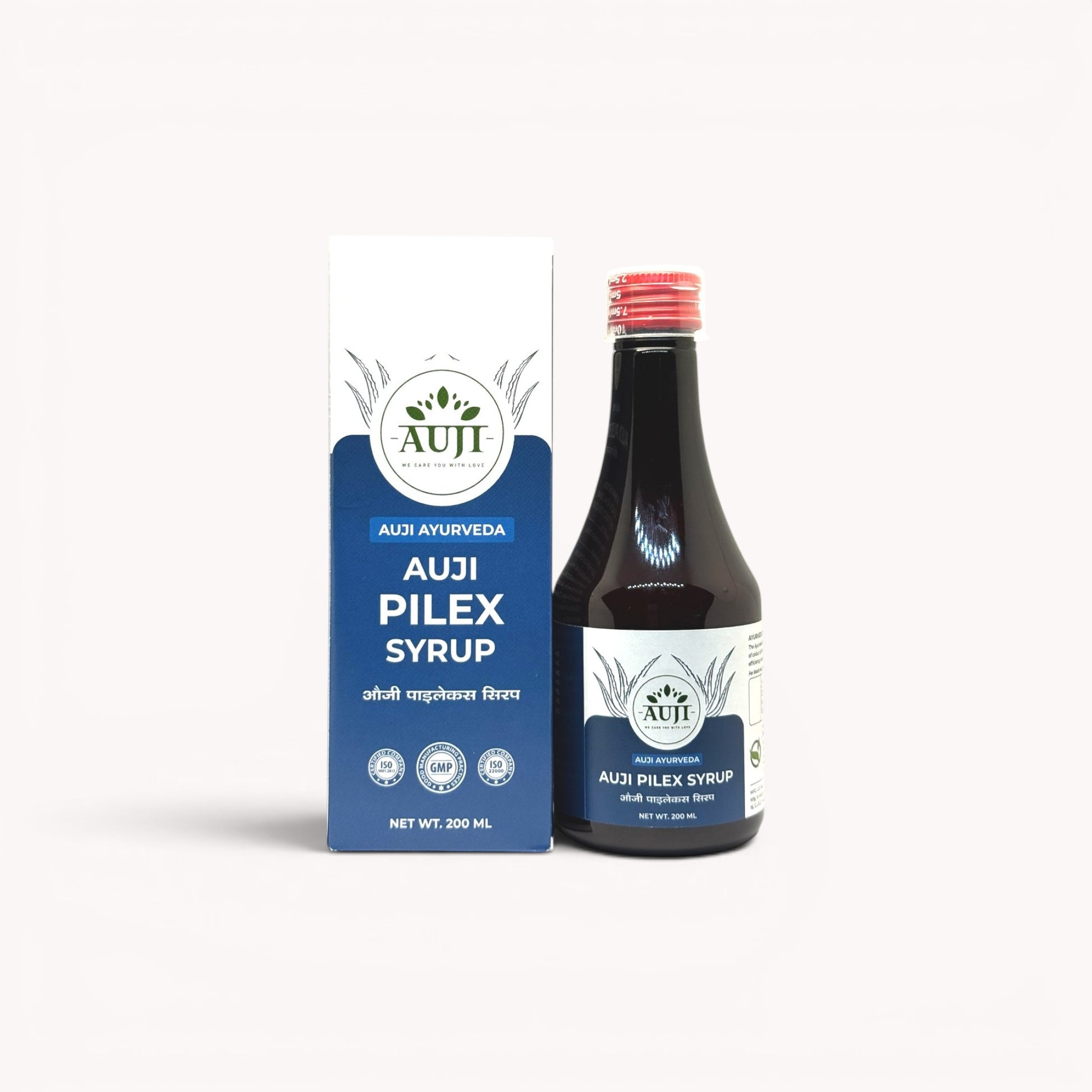 AUJI Pilex Syrup 200ml bottle with packaging box – Ayurvedic herbal syrup designed to support digestive comfort and overall piles wellness.