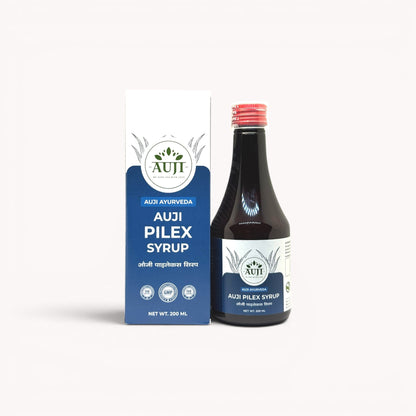 AUJI Pilex Syrup 200ml bottle with packaging box – Ayurvedic herbal syrup designed to support digestive comfort and overall piles wellness.