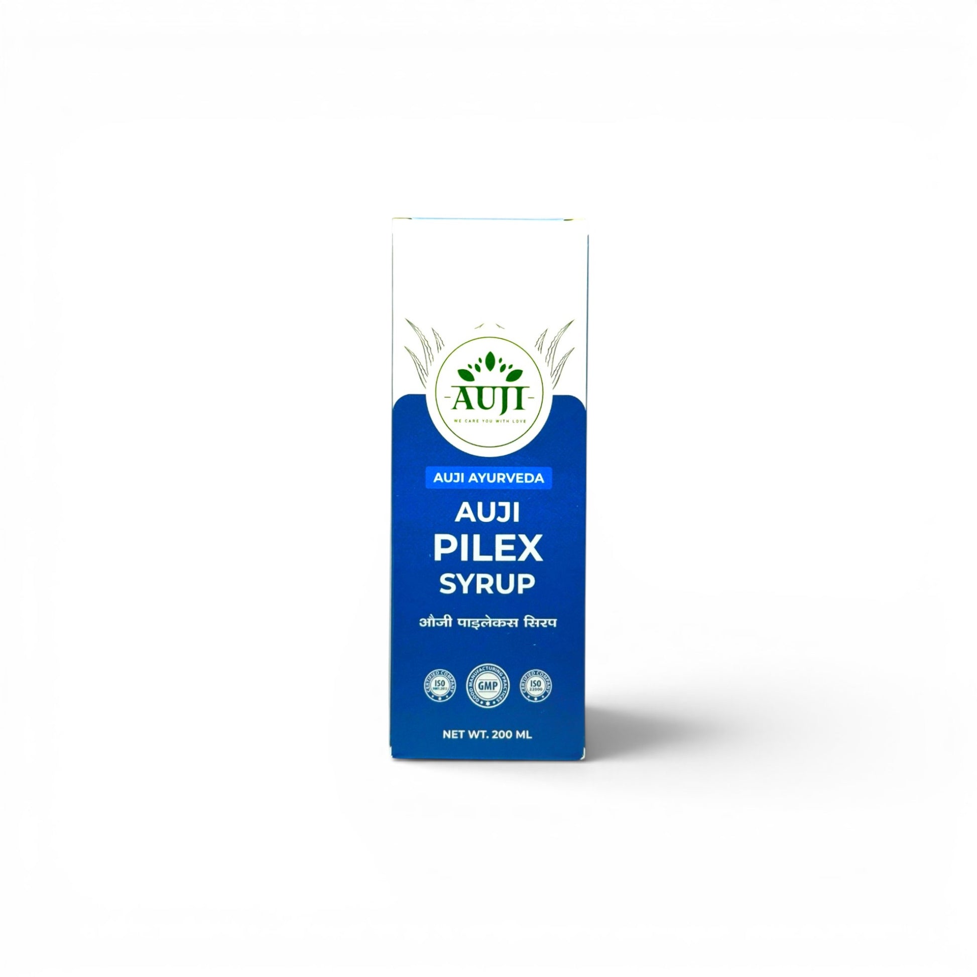 AUJI Pilex Syrup 200ml packaging box – Premium Ayurvedic herbal syrup for digestive comfort and piles wellness.